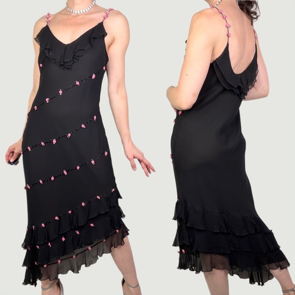 ICE Rosette Floral Slip Dress Beaded Ruffle Asymmetric Hem Cocktail Formal M - Picture 3 of 14